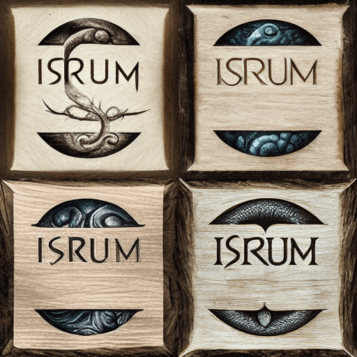 four variants of the isrum logo, stylized letters and various motifs on beveled wood tiles